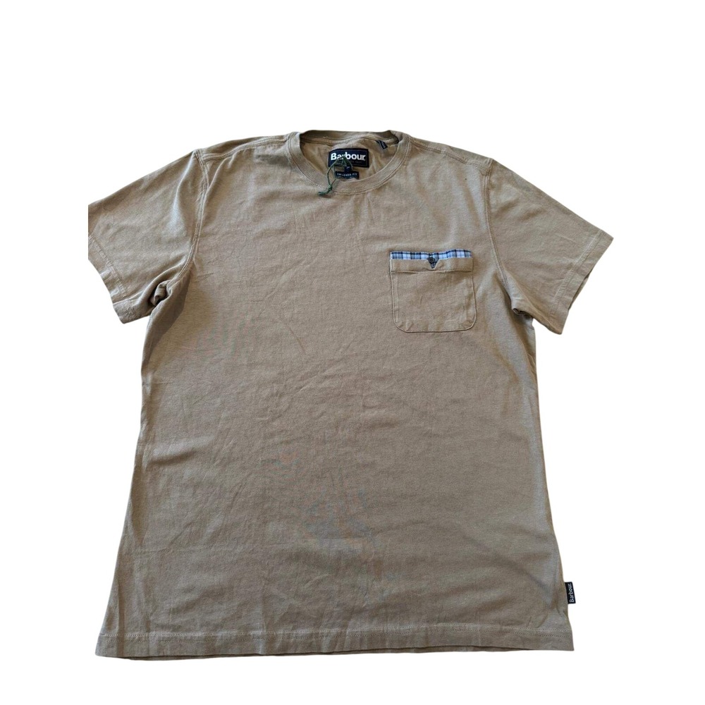 Barbour Mens Medium Tailored Fit Pocket T Shirt Tan Khaki Tartan Plaid Trim SS24